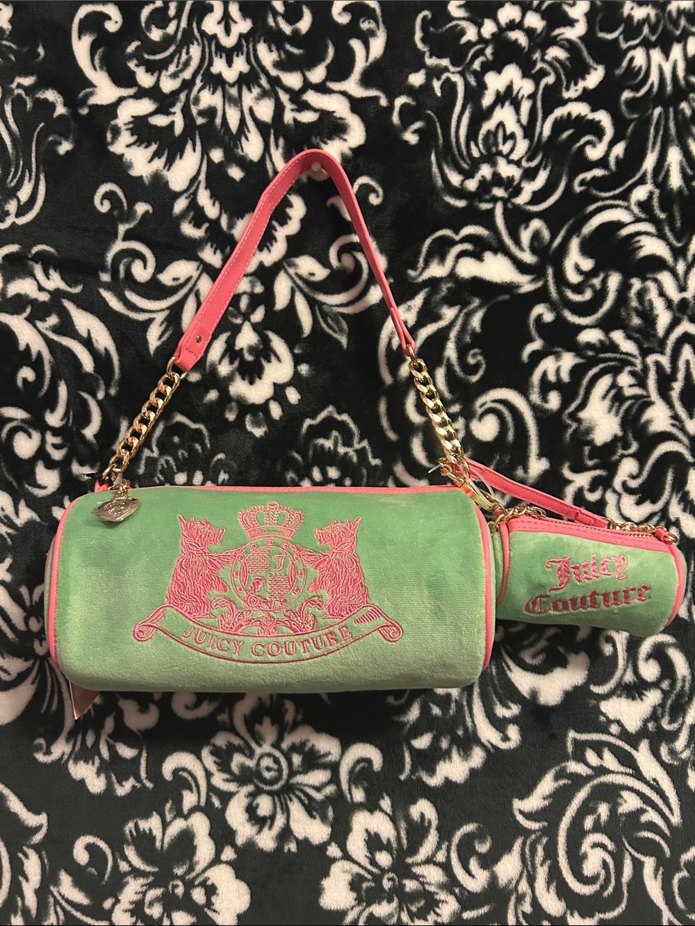 Juicy Couture Green and Pink Velvet Scottie Dog Barrel Bag With Mini bag Charm